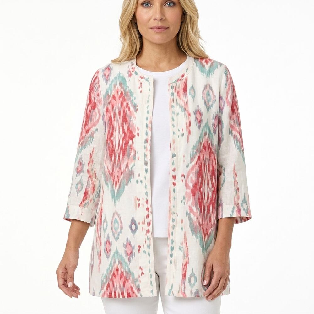 CHICO'S 100% Linen Multicolor Ikat Lightweight Jacket Women Size 3